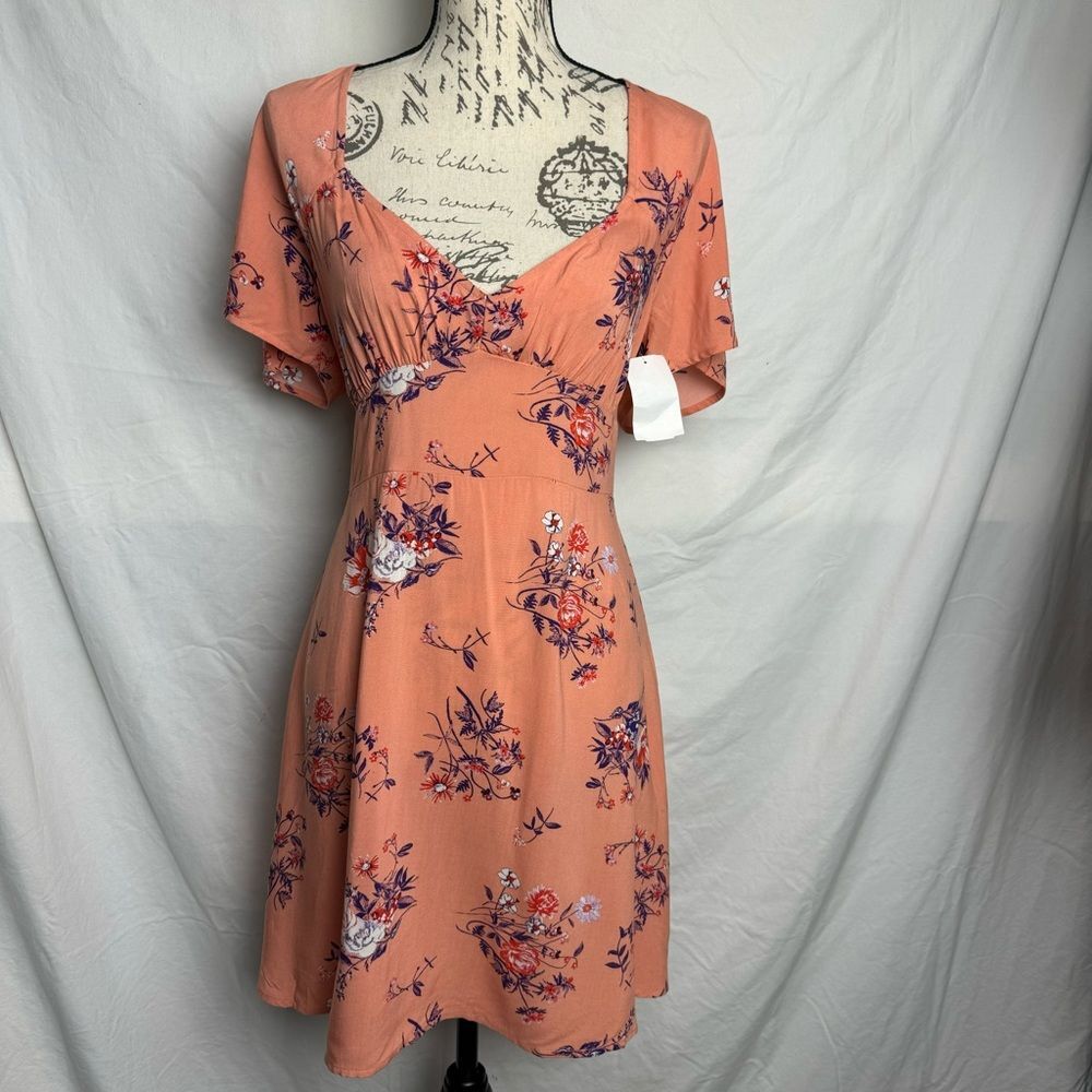 Abound Mini Skater Dress Coral Aster Bouquet Floral Empire Waist Scoop Neck…
